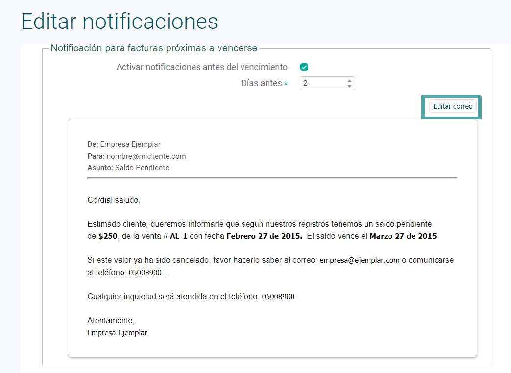 Notifica el vencimiento de facturas de venta a tus clientes.